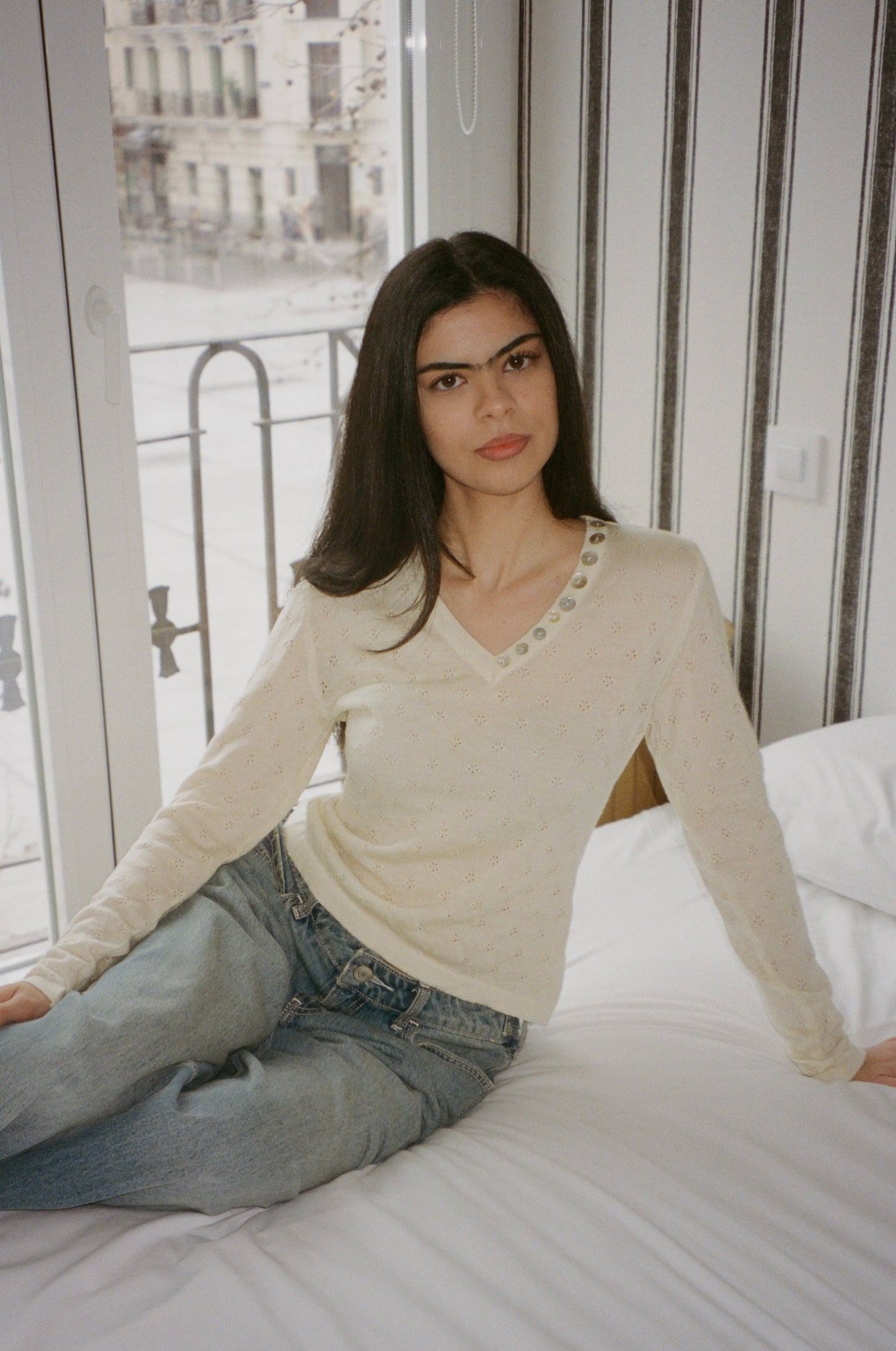 The Alma Top in Crema Pointelle